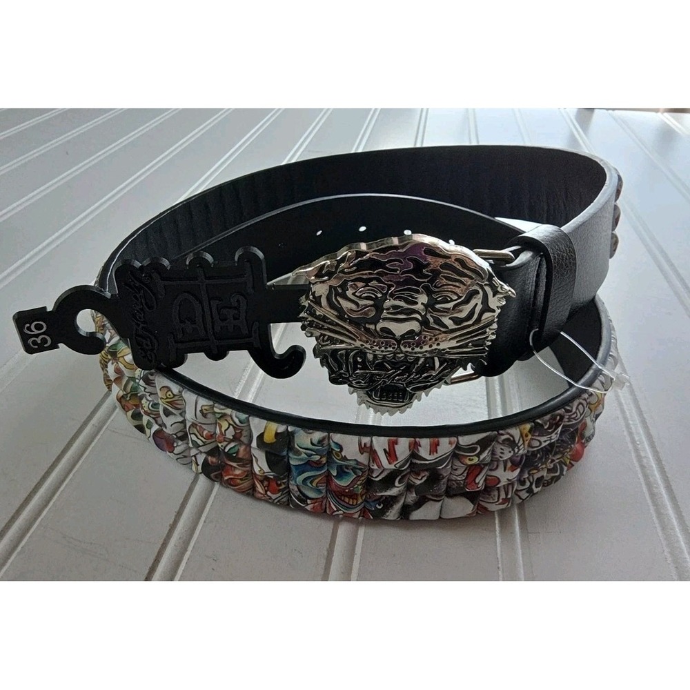 Ed Hardy Tiger Skull Three Row Pyramid Stud Belt Size 36 NWT